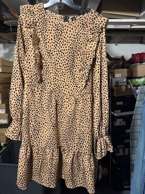 SHEIN Tan and Black Leopard-Print Ruffle Long-Sleeve Dress